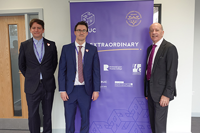 Dylan McTaggart (Group Principal and Deputy CEO), Keith Smith (HRUC CEO) and Deputy Mayor Jules Pipe CBE visiting Uxbridge College. 