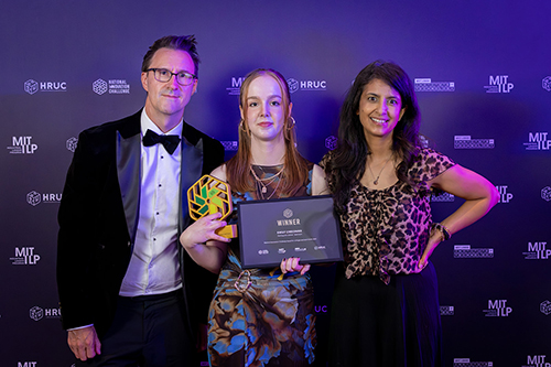 Colleges and Sixth Forms winner for the National Innovation Challenge - Emily Cheesman from The King John School Sixth Form, Essex - with Keith Smith and Konnie Huq. 