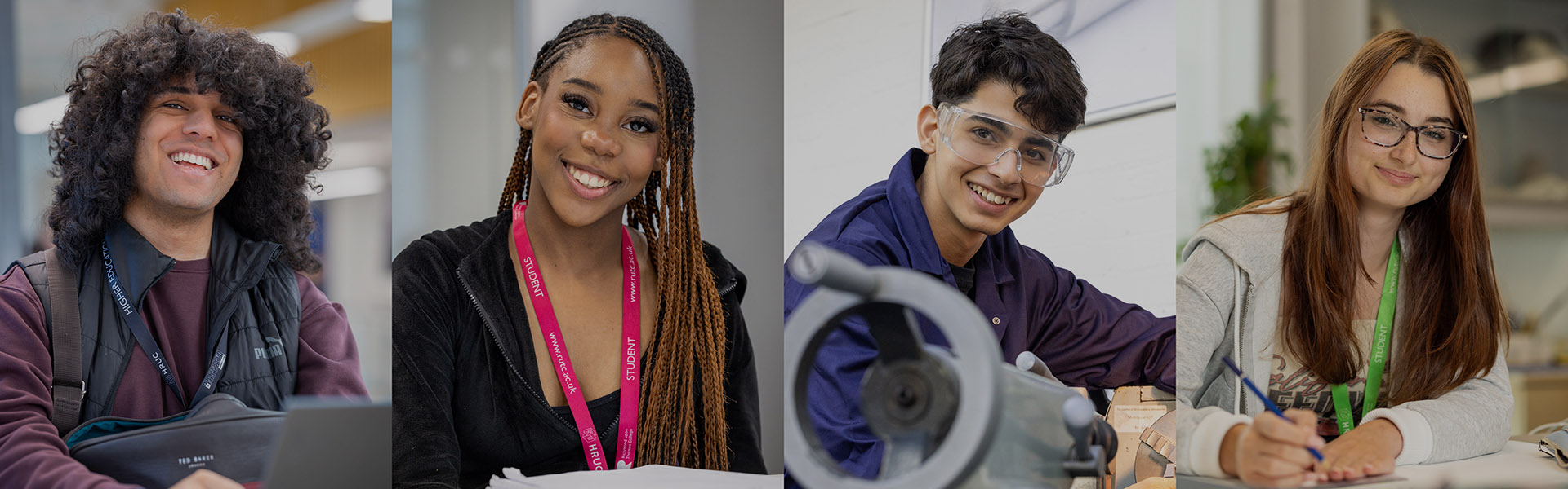 Four separate photos of HRUC students all smiling - there is a boy with long dark curly hair, a girl with long braids and a pink lanyard, a boy wearing safety glasses in a workshop and a girl wearing glasses and a grey hoodie with a pencil in hand.