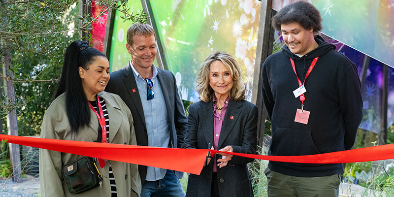 King’s Trust Ambassador Felicity Kendal is cutting a red ribbon for The King’s Trust: Seeding Success Garden which officially opened at Uxbridge College. She is joined by King's Trust staff.