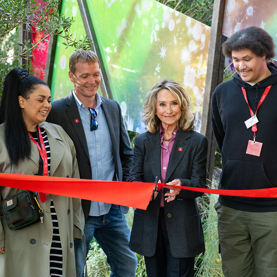 King’s Trust Ambassador Felicity Kendal is cutting a red ribbon for The King’s Trust: Seeding Success Garden which officially opened at Uxbridge College. She is joined by King's Trust staff.