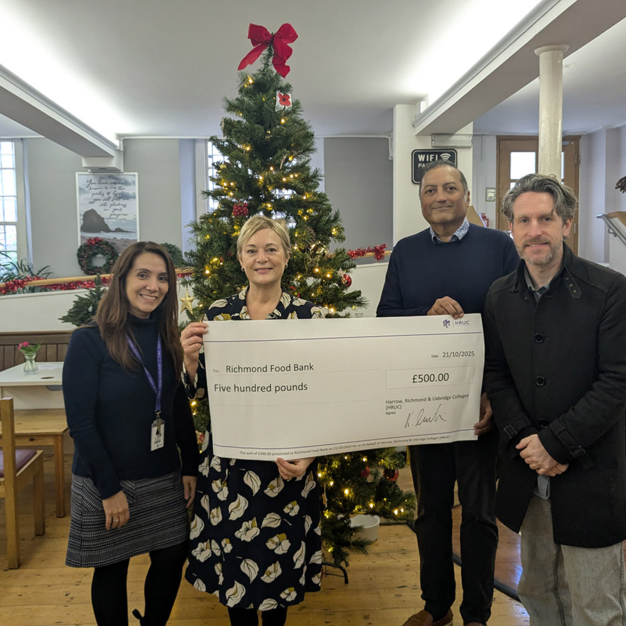 HRUC governors, Sue Kingman and Sujit Reddy, along with Sandra Ospina Zapata (Wellbeing and Inclusion Officer) presented a ceremonial cheque signed by HRUC CEO, Keith Smith, to David Logan, CEO of Richmond Food Bank.