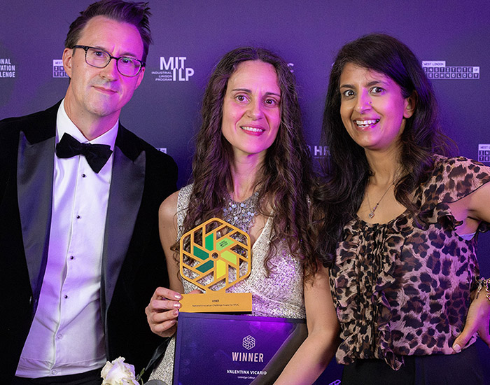 Valentina Vicario, a commercial learner and full-time technician studying at Uxbridge College, is the HRUC Group winner of the National Innovation Challenge. She is holding her award and standing with Ketih Smieth, CEO HRUC and Konnie Huq, TV presenter and STEM ambassador.