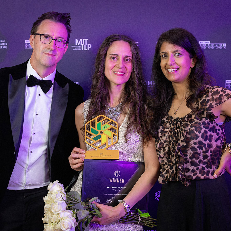 Valentina Vicario, a commercial learner and full-time technician studying at Uxbridge College, is the HRUC Group winner of the National Innovation Challenge. She is holding her award and standing with Ketih Smieth, CEO HRUC and Konnie Huq, TV presenter and STEM ambassador.