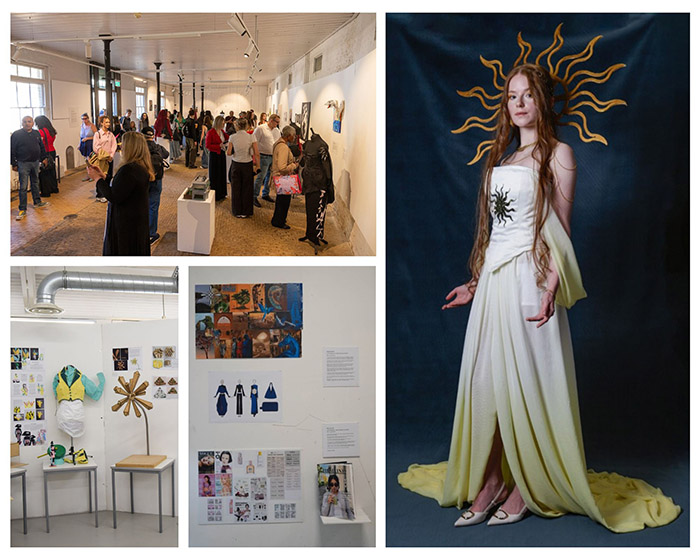 A selection of images of the end of year shows from across HRUC. From left - Richmond upon Thames College students showcase at Orleans House Gallery in Twickenham. A fashion design from an Uxbridge Student with a girl with long red hair wearing an off-white dress with a bodice that has a black sun pattern on it. She has the sun patern as a golden head piece and is holding her arms with palms up.  Two images of displays of the portfolio of work from Harrow students showing fashion and creative arts.