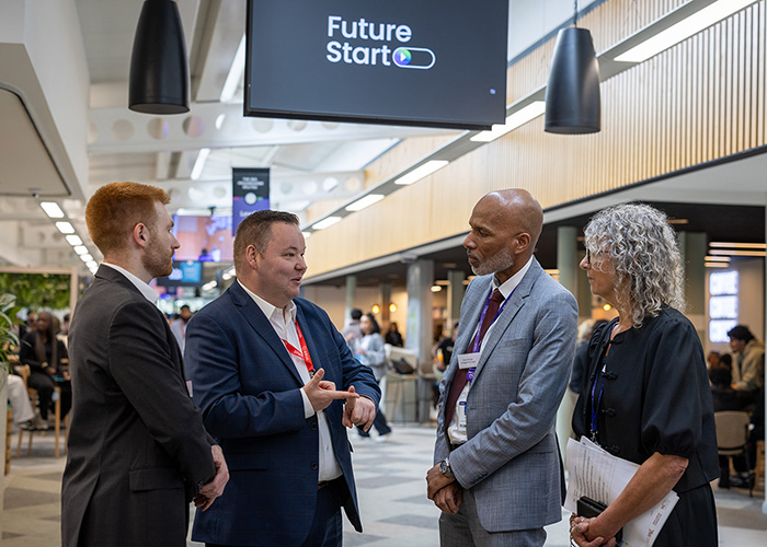 Danny Beales, MP for Uxbridge and South Ruislip, Andrew Western MP, Minister for Employment, Clive Hodge, Principal Uxbridge College, Jo Withers - Executive Director – Business Growth and Partnerships, HRUC - all talking together in the Uxbridge College mall