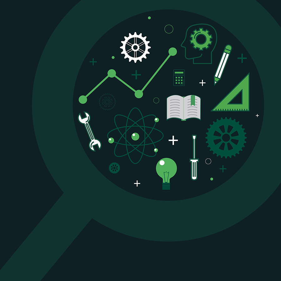 Green magnifying glass on dark green background with various icons including: cog, graph line, pencil, tools, computer screen, book