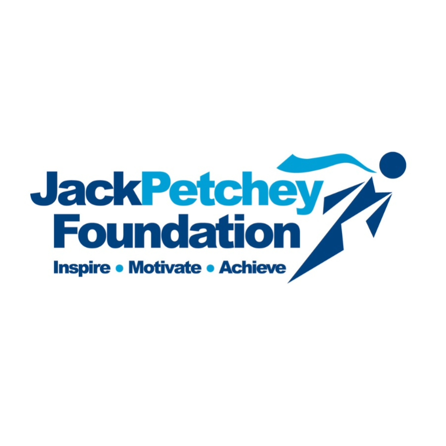 Jack Petchey Foundation logo. Blue writing with icon of person with a cape