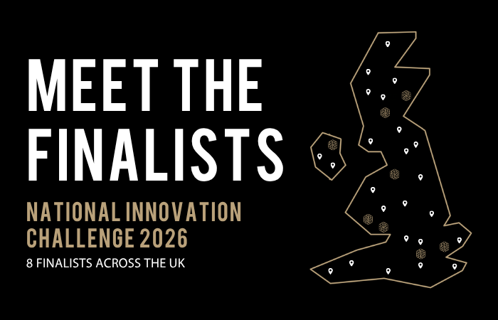 Meet the Finalists - National Innovation Challenge 2026. 8 finalists from across the UK representing: Bridgend, Wales; London, England; Fife, Scotland; Striling, Scotland; Belfast, Northern Ireland; Cardiff, Wales; Ormskirk, Lancashire; Essex, England